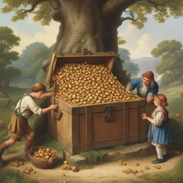 A child holding a chest brimming with golden acorns, symbolizing contributions, standing under a tree adorned with deadlines. Eligibility meets opportunity.