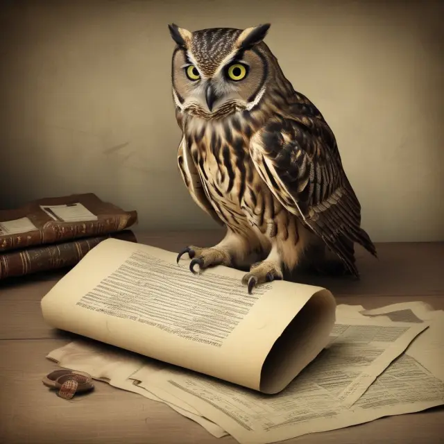 An owl holding a scroll with corrected financial records and a quill pen, illustrating the importance of restatements.
