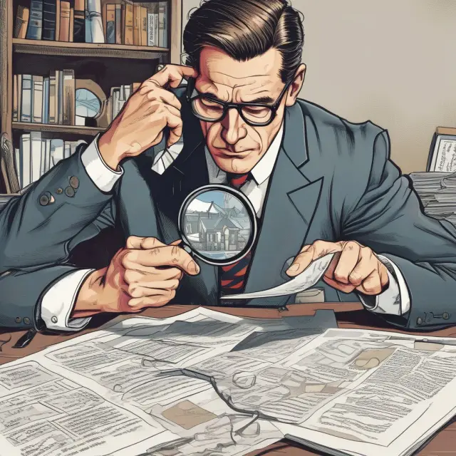 An accountant examines financial statements under a magnifying glass, revealing a hidden material error