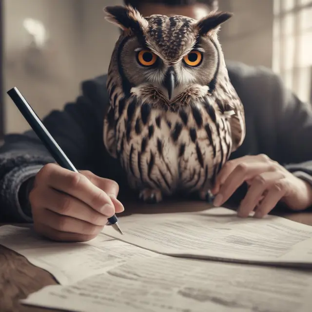 An owl, symbolizing wisdom, observes two hands meticulously rewriting financial statements - a reminder of the significance and consequences of accurate financial reporting.