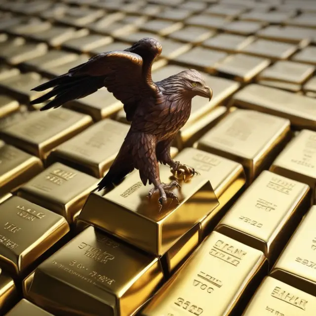 Golden eagle with outstretched wings protectively holding piles of gold bars, symbolizing a lender securing collateral