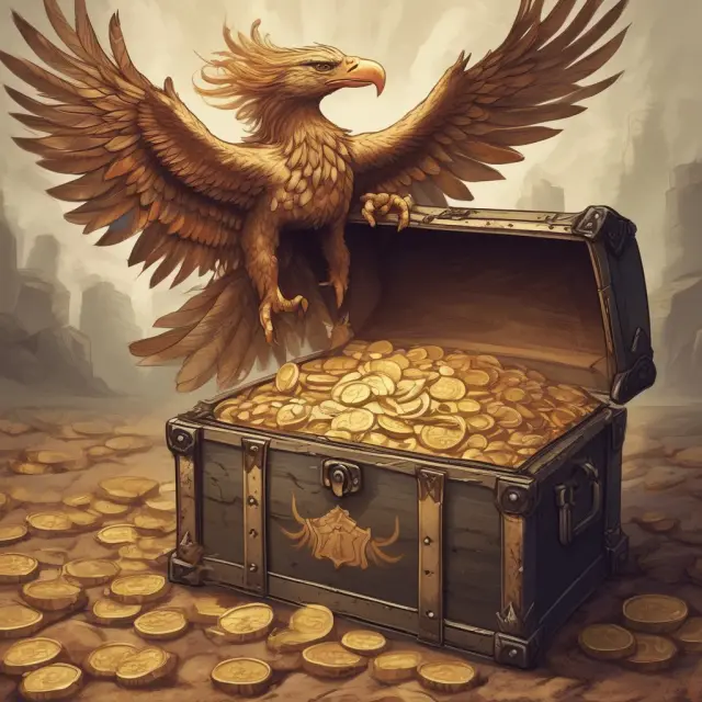 A treasure chest filled with gold coins representing restricted funds, protected by a fiery phoenix symbolizing the strategic benefits of holding restricted cash.