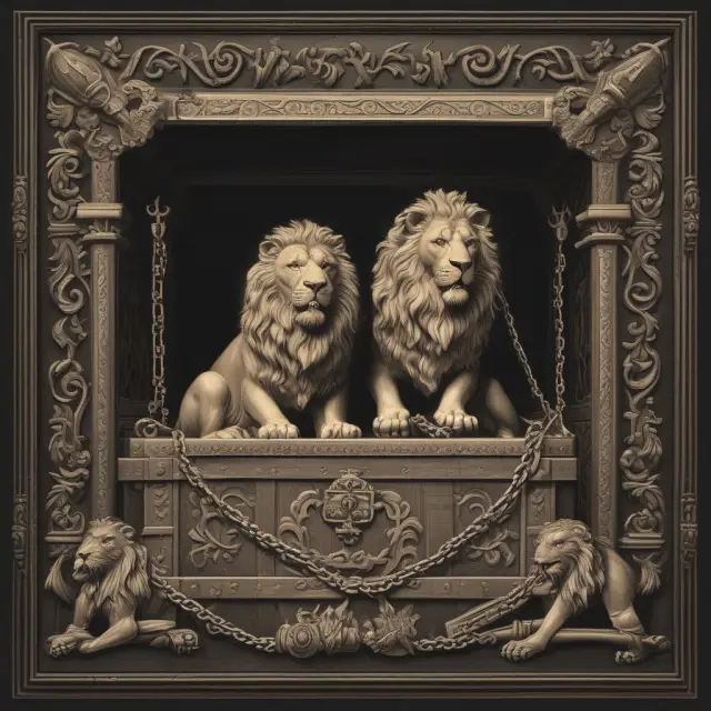 Two protective lions guarding a treasure chest labeled 