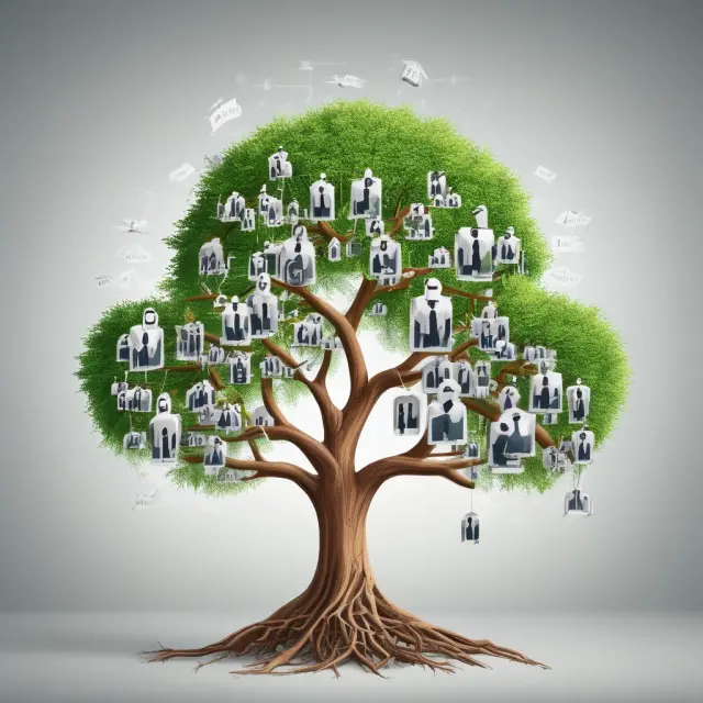 Branching tree symbolizing RSU grants and cliffs. Employees receive annual grants, rooted in long-term commitment, as the tree grows with company success.