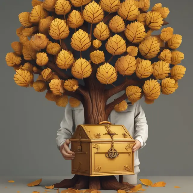 Employee holds a tree of golden shares (vested stocks), each leaf requiring a specific condition to be met before falling into the locked chest for sale
