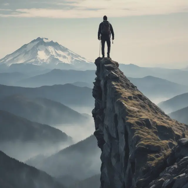 An executive climbing a double-peaked mountain: one peak signifies company performance, the other represents personal tenure. Double-trigger provisions impact both.