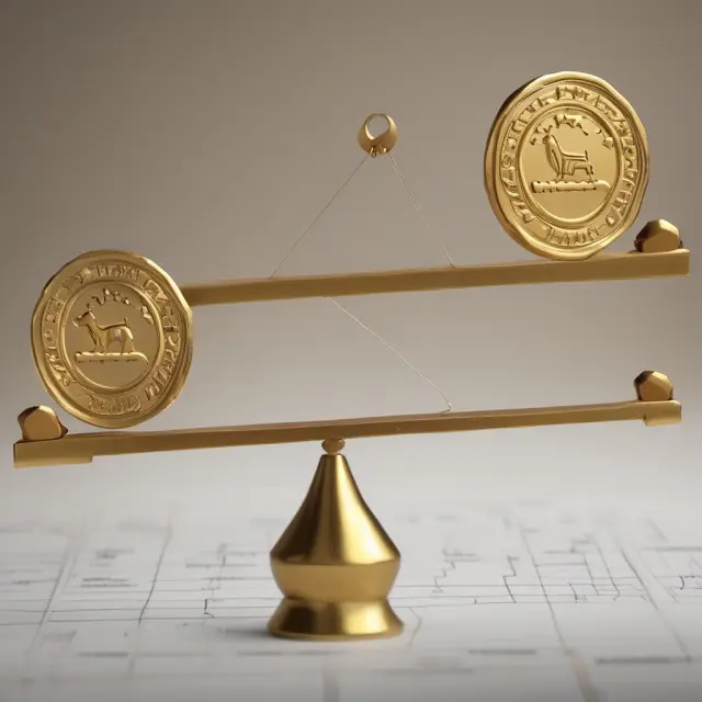 Golden badges representing employees balancing against a seesaw with a fluctuating stock chart, illustrating the advantages and disadvantages of restricted stock as an employee incentive