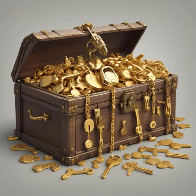 An image of a beautifully crafted wooden chest filled with gold keys and locks, representing the secure handling and management of restricted stocks.