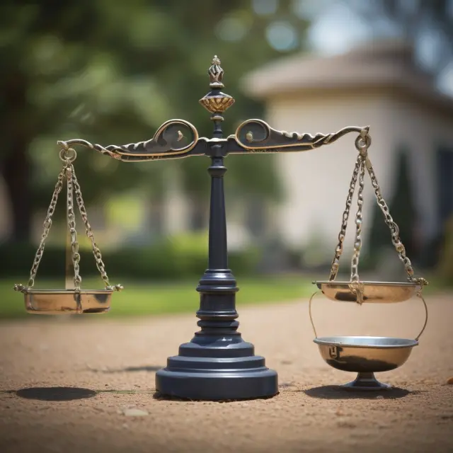 HOA guardian enforcing restrictive covenants at property lines, balancing scale symbolizes fair enforcement.