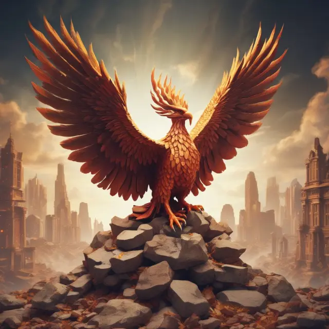 A mythical Phoenix rises from a mound of financial documents, representing the transformative power of company restructuring.