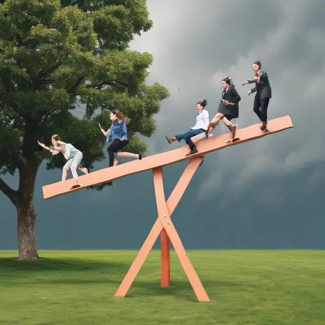 Company A restructuring: seesaw image with employees symbolizing workforce reduction and cost savings counterbalancing
