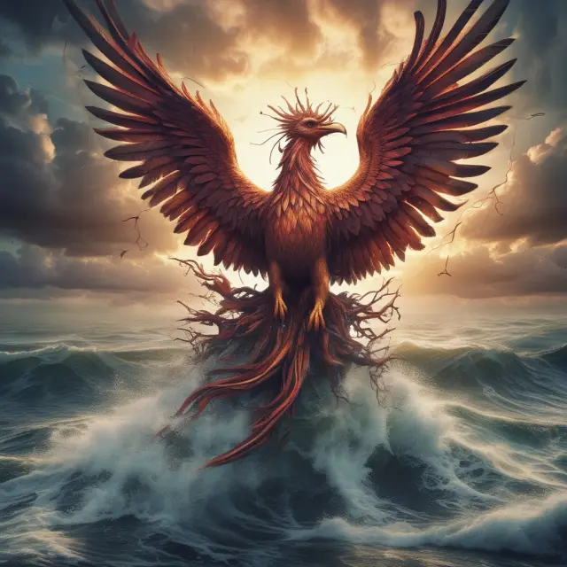 Phoenix emerging from turbulent water, signifying companies