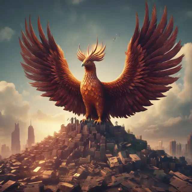 Phoenix rising from a pile of corporate structures, representing the process of company restructuring and renewal