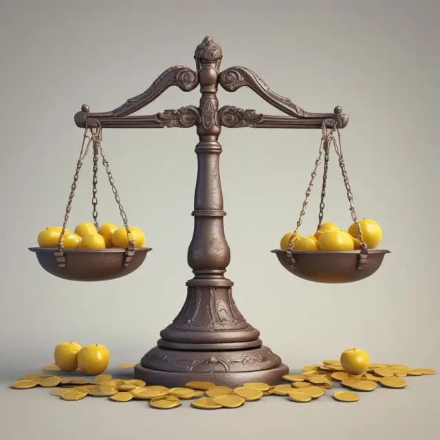 Image: An antique balance scale weighing gold coins signifying restructuring costs versus the potential benefits in the form of fruit.