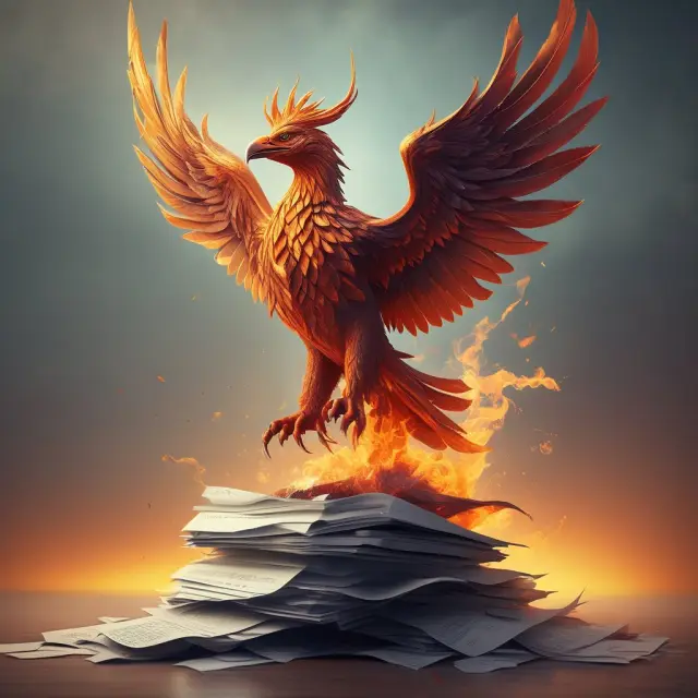 A mythical phoenix emerging from a pile of financial documents, representing company transformation and renewal through restructuring