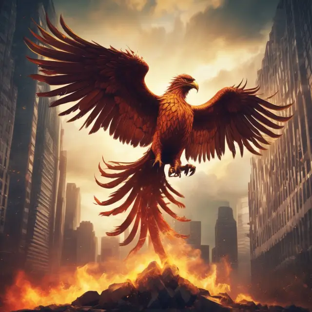 A fiery phoenix rising from ashes symbolizing a company undergoing restructuring.