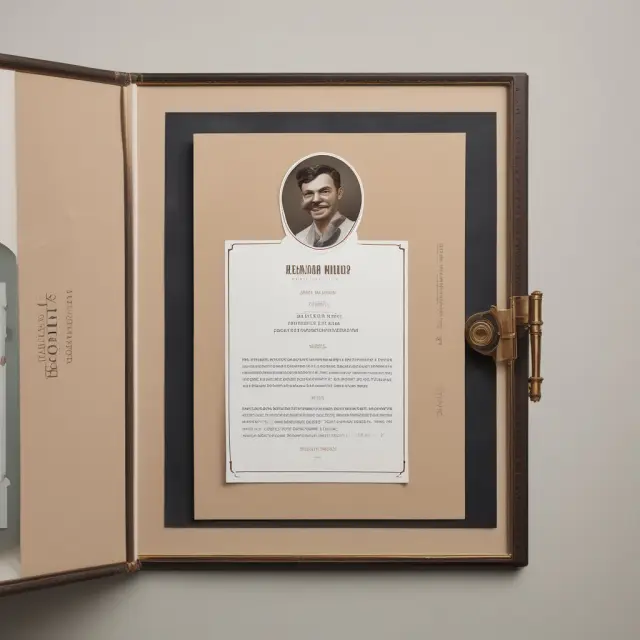 An image of a professional headshot within a vintage resume folder. Text representing essential contact information and professional title flows out like a river.