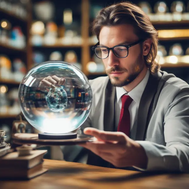 An institutional investor examining retail sales trends using a crystal ball, surrounded by charts and graphs