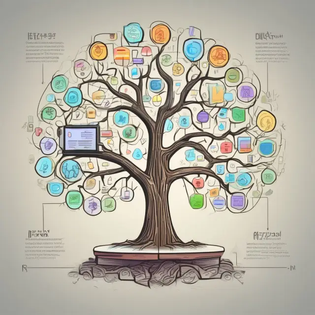 Digital tree symbolizing retail banking with branches for checking, savings, loans, credit cards, and CDs contributing to economic growth