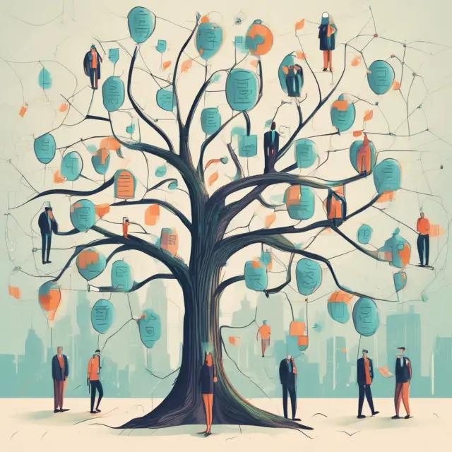 A visual comparison of retail banking (customer-oriented) as a tree with individuals as leaves, and corporate banking (business-oriented) as an interconnected network of corporations