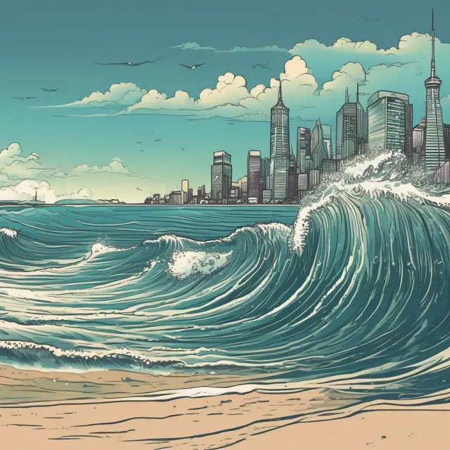 A powerful fintech wave engulfs a traditional banking landscape, symbolizing innovation and change.
