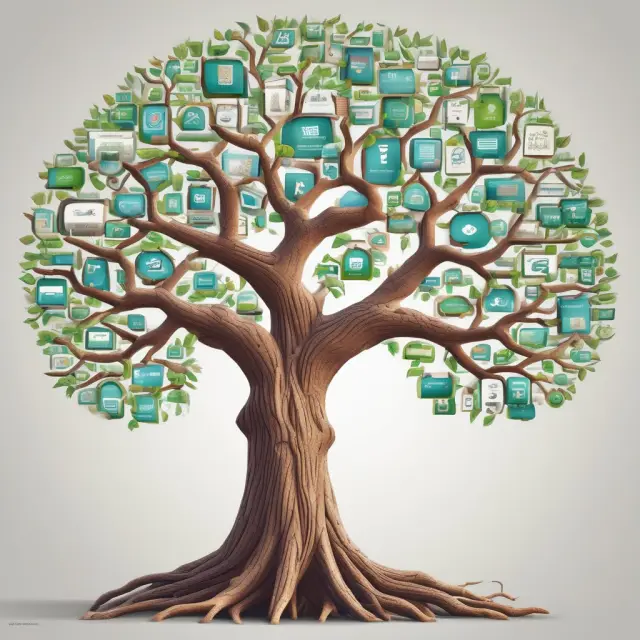 Digital tree illustrating retail banking services: checking and savings accounts, loans, credit cards, mortgages, investments.