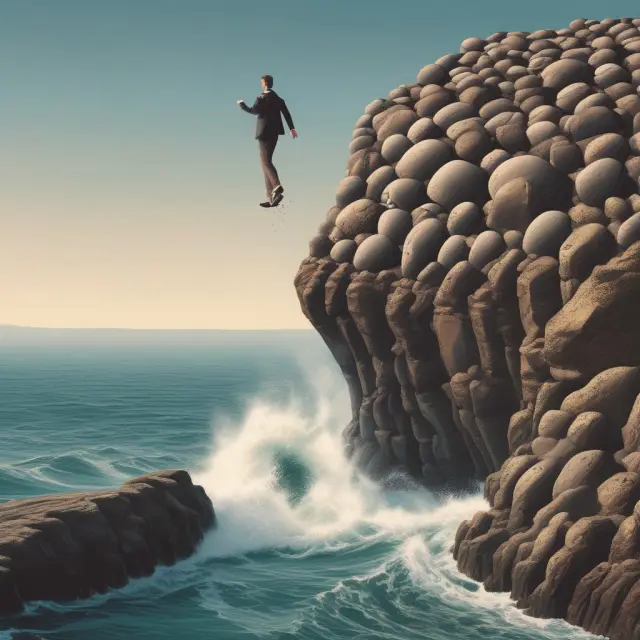 A retail investor on a cliff casting stones into the sea causing waves that sway giant institutions in the financial market