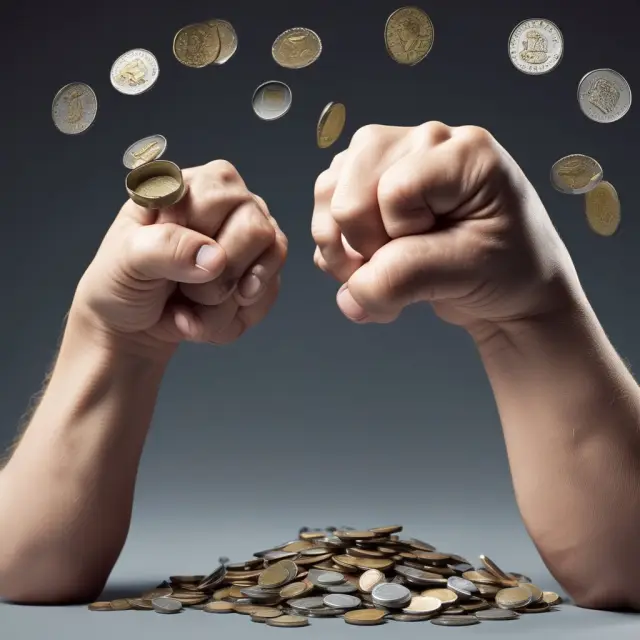 Golden hand forming a fist of coins for retained earnings and a silver hand releasing coins as dividends