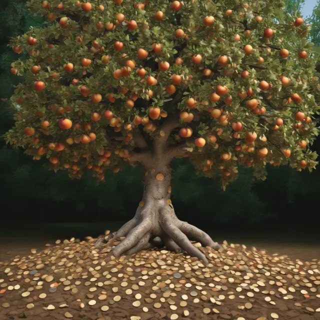 An apple tree with a treasure chest at its roots, holding $10.23 in gold coins for each dollar of retained earnings