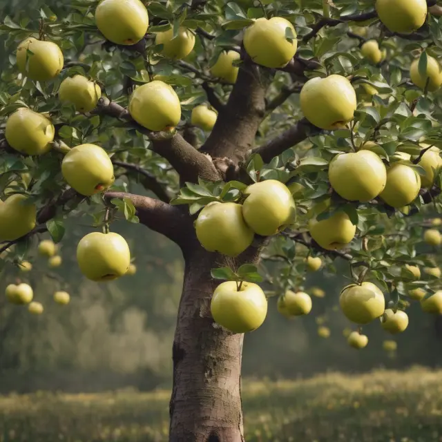 An apple tree laden with golden apples symbolizing retained earnings, nourishing growth through innovation