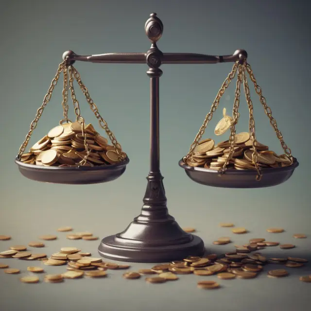 Visual representation of unearned and earned retainer fees: scales with coins for unearned fees, bucket filling up with coins for earned fees