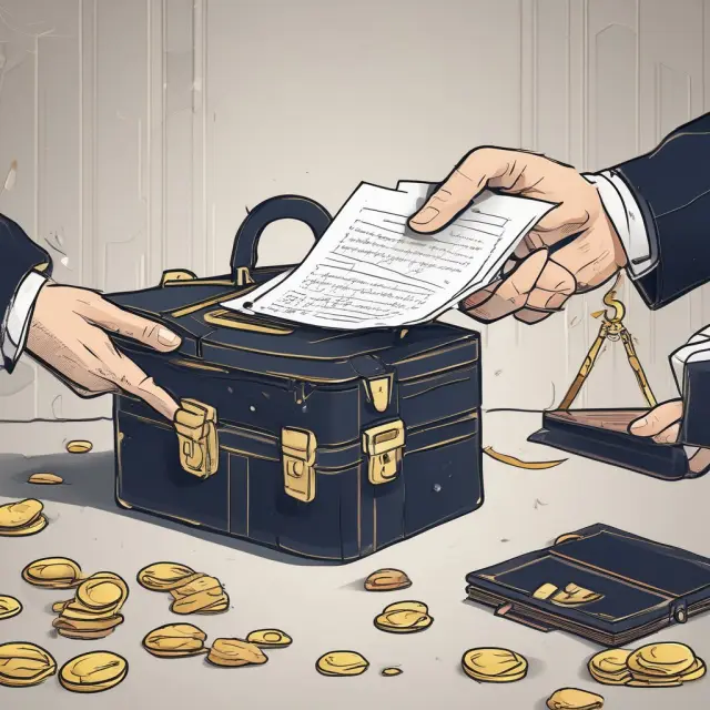 Lawyer exchanging contract for a golden briefcase representing a client