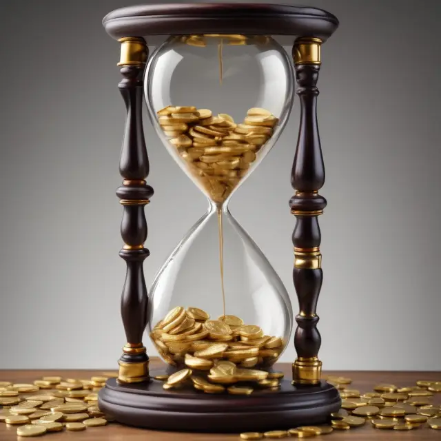 A lawyer with an hourglass filled with gold coins, symbolizing retainer fees in finance and investment negotiations