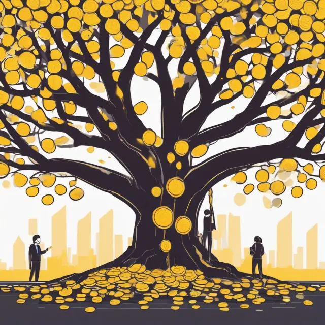 Golden handshake between employee and employer beneath a tree laden with coins. Retention bonus agreement.