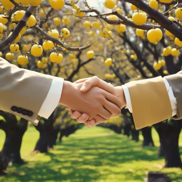 Retention bonus trees yielding fruits amidst a bustling M&A orchard, symbolizing organizational continuity.