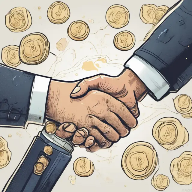 A handshake between an employee and employer seals the deal for a retention bonus agreement, featuring gold coins representing financial compensation.