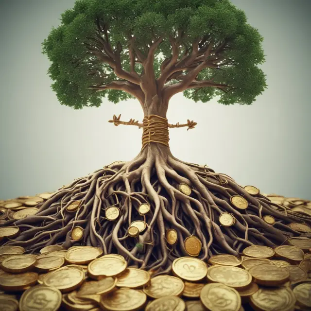 A tree blooming with gold coins as its roots symbolizing the financial security and career growth opportunities provided by retention bonuses.