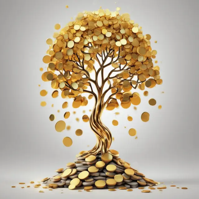 A golden coin watering a tree that grows larger with each drip, representing the retention ratio