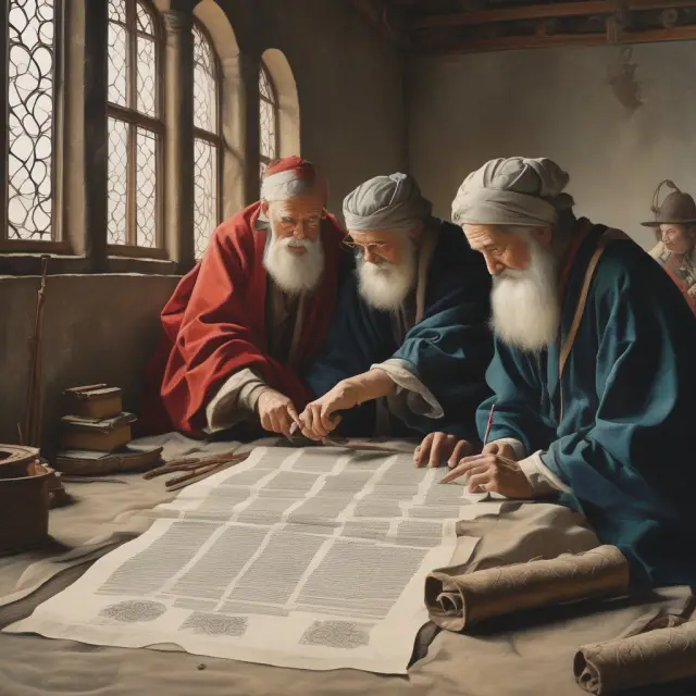 Three scholars studying scrolls symbolizing Retirement Income Certified Professional (RICP) courses: Retirement Income Process, Sources of Retirement Income, and Managing a Retirement Income Plan