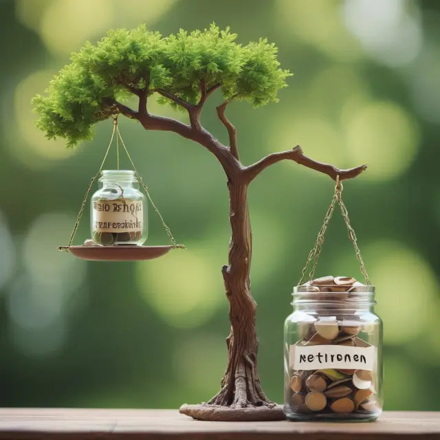 Scales with a savings jar and a maturing tree represent comparison between savings account and retirement money market account