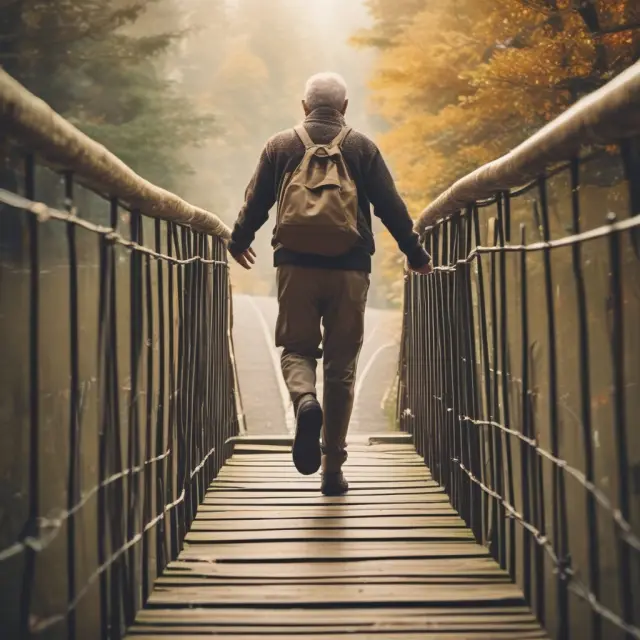 Retiree standing on bridge, reaching for golden retirement money market account