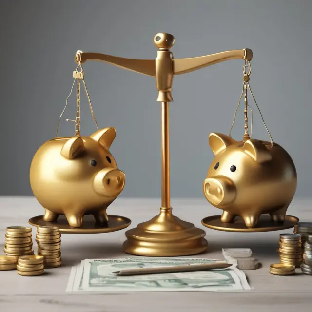 A golden piggy bank atop scales with currency symbolizing retirement income (left) and retirement expenses (right), emphasizing the balance needed for a secure retirement.