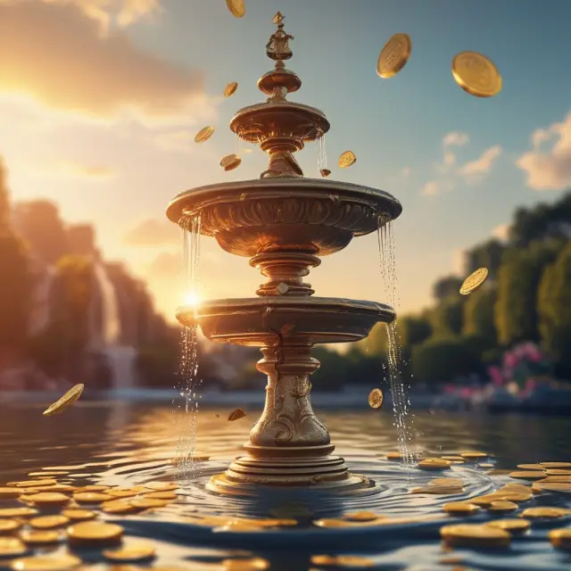 Golden sun setting over the water as coins flow into a boat for a retired couple, representing retirement income planning and preparation