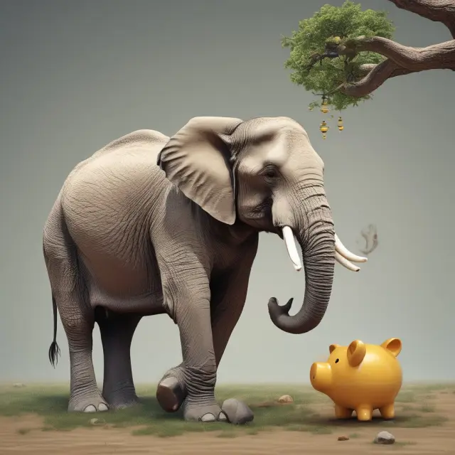 An elephant weighs the benefits of various retirement accounts: A large 401(k) elephant, growing Traditional IRA tree, golden Roth IRA piggy bank, and a honeycomb-shaped Roth 401(k).