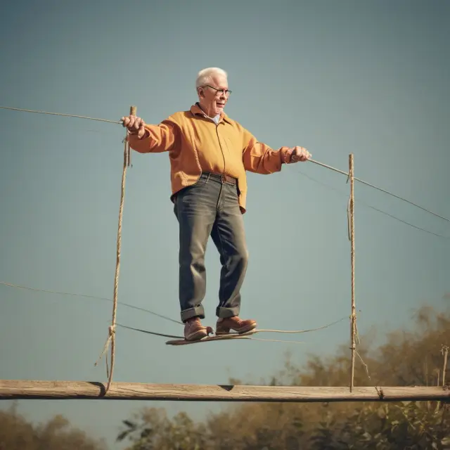 A golden retiree stands on a tightrope, balancing an annuity pot in one hand and a Social Security card in the other, symbolizing retirement income sources.
