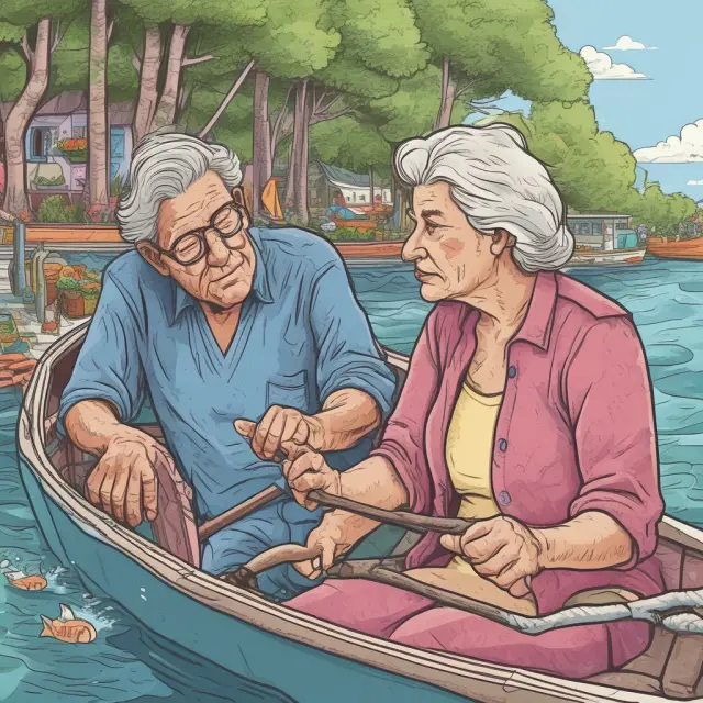 An elderly couple sailing a retirement boat through a tranquil sea of lifestyle choices and healthcare costs, with unexpected expenses lurking beneath the surface