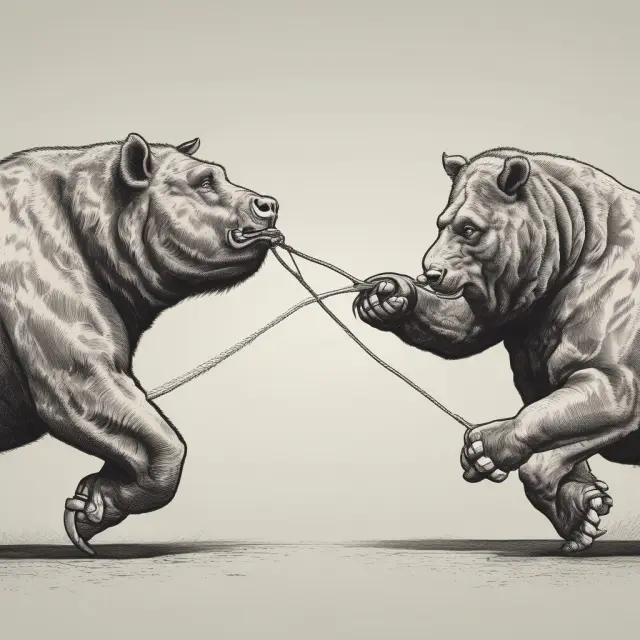Bull and bear engaging in a tug-of-war, representing retracements as temporary pullbacks while reversals indicate sustained shifts