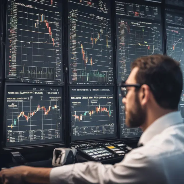 A trader thoughtfully examines the reflection of stock chart retreatments in a mirror, considering investment opportunities