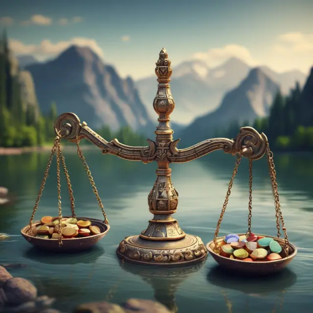A set of balancing scales with average total assets and average current liabilities pendants, suspended over a flowing river of earnings