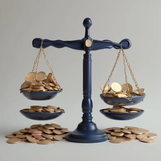 An image of a set of scales, with one pan holding a golden coin pile symbolizing profits and the other filled with various assets